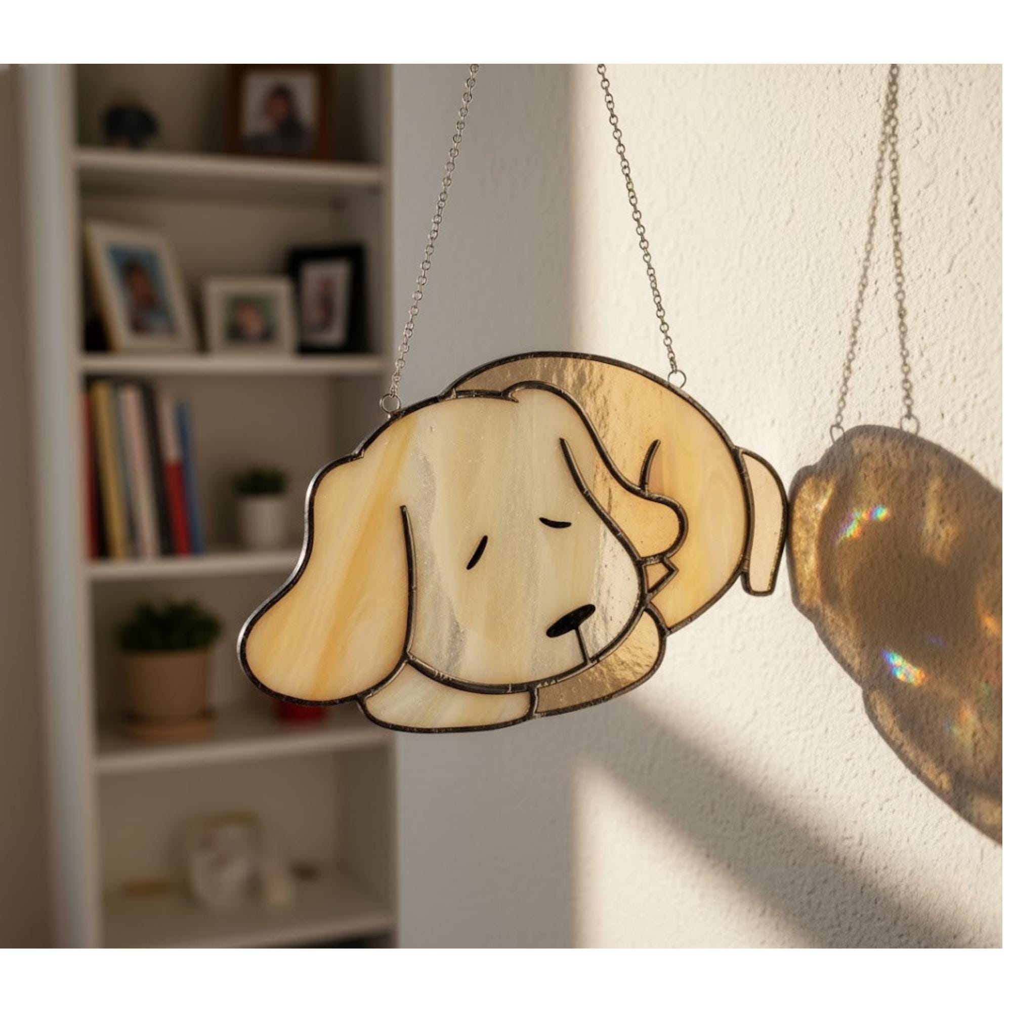 Golden stained glass sleeping dog hanging on wall, handmade pet memorial decor