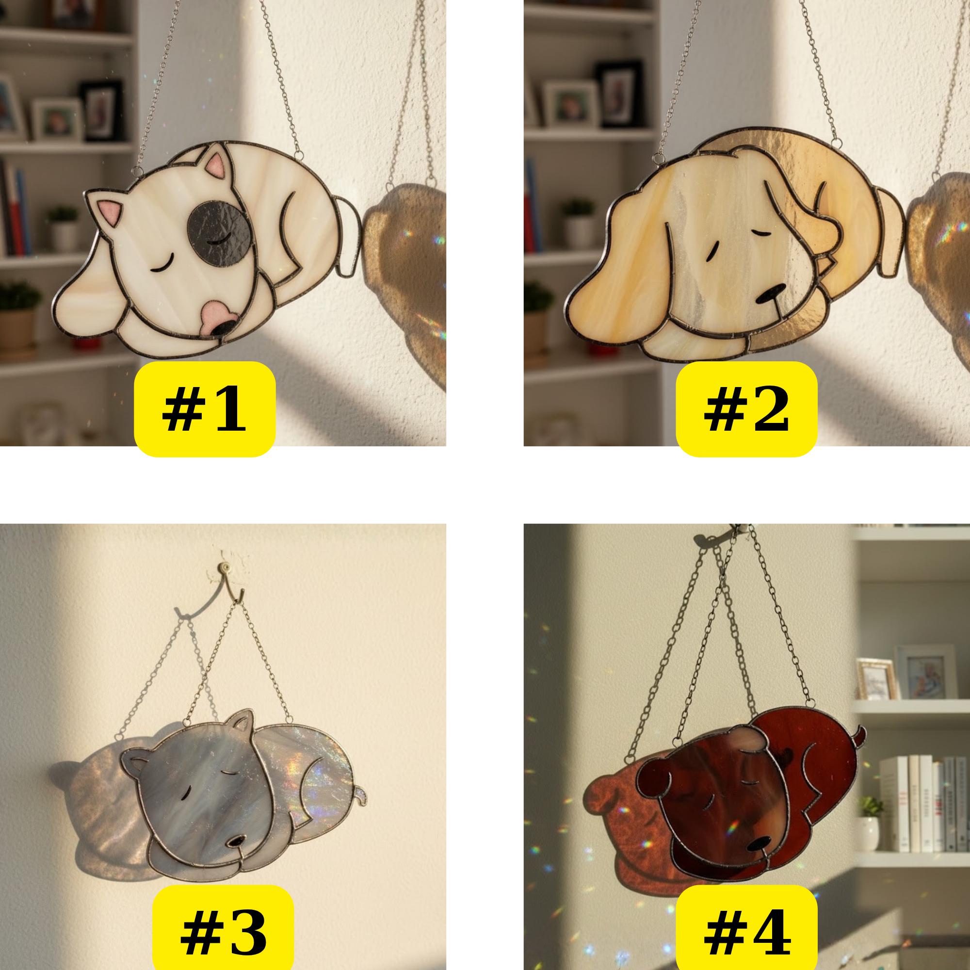 Four sleeping dog designs #1–#4 stained glass options, pet memorial art