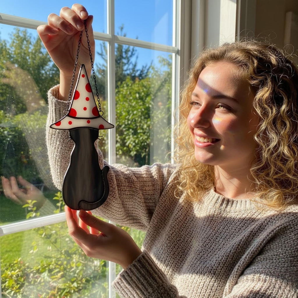 Woman showing stained glass cat suncatcher near window – handmade glass art decor.