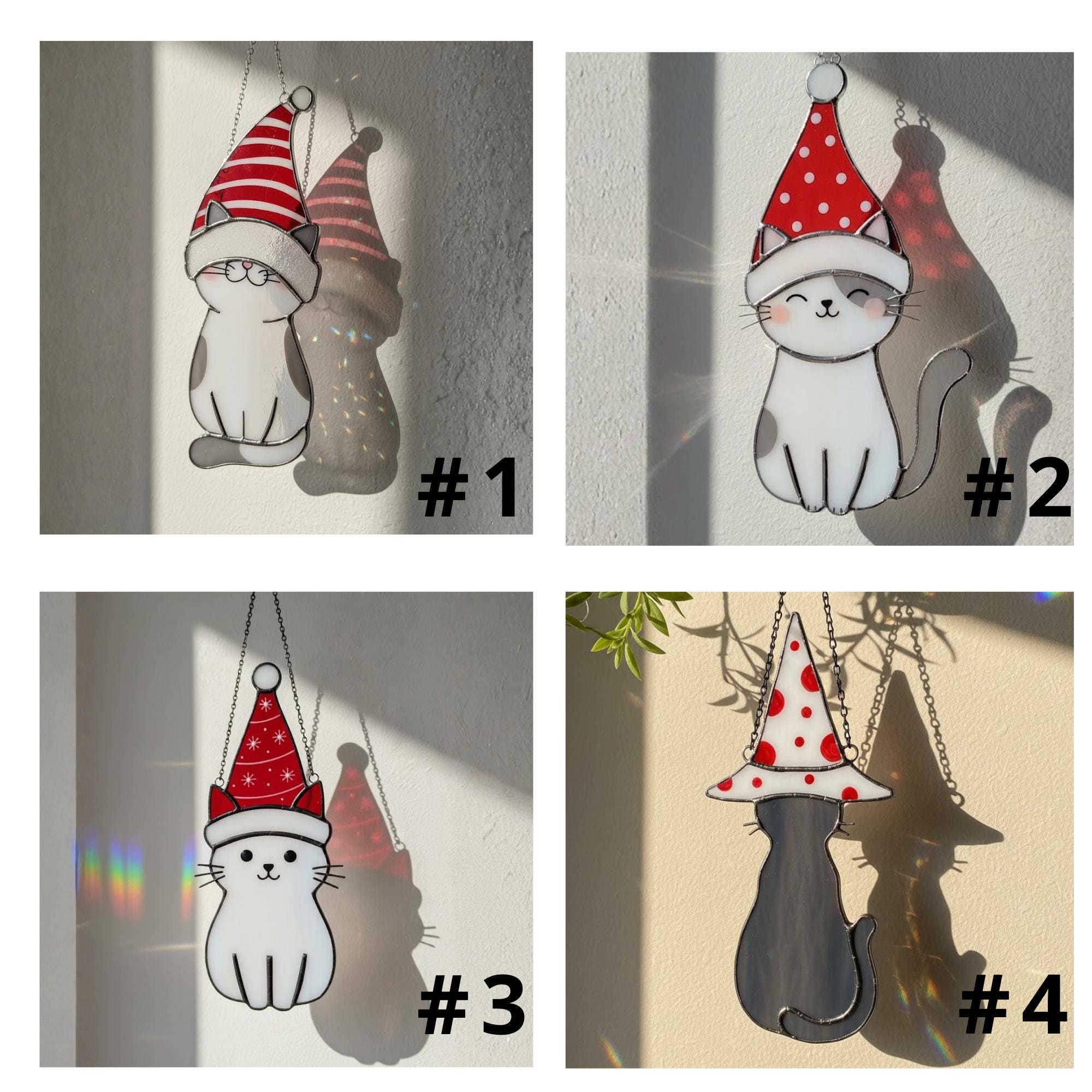 Product catalog showing cat ornament color options and design variants – handmade gift selection.