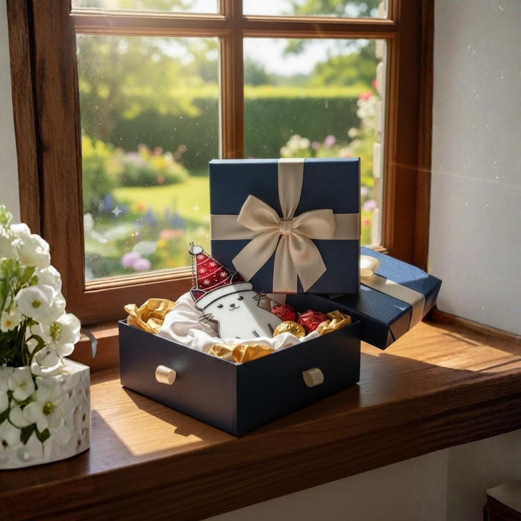 Christmas gift box with stained glass cat ornament – perfect present for pet lovers and cat owners.