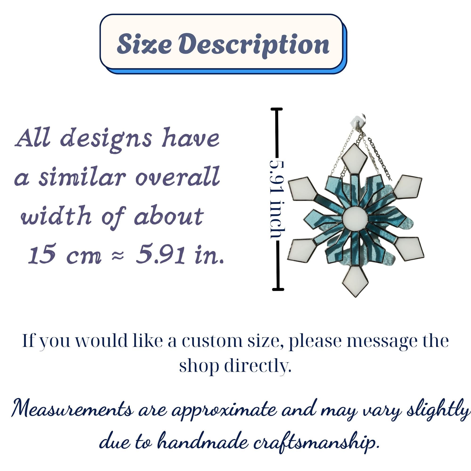 Size chart for stained glass snowflake ornament, approx 5.91 inches