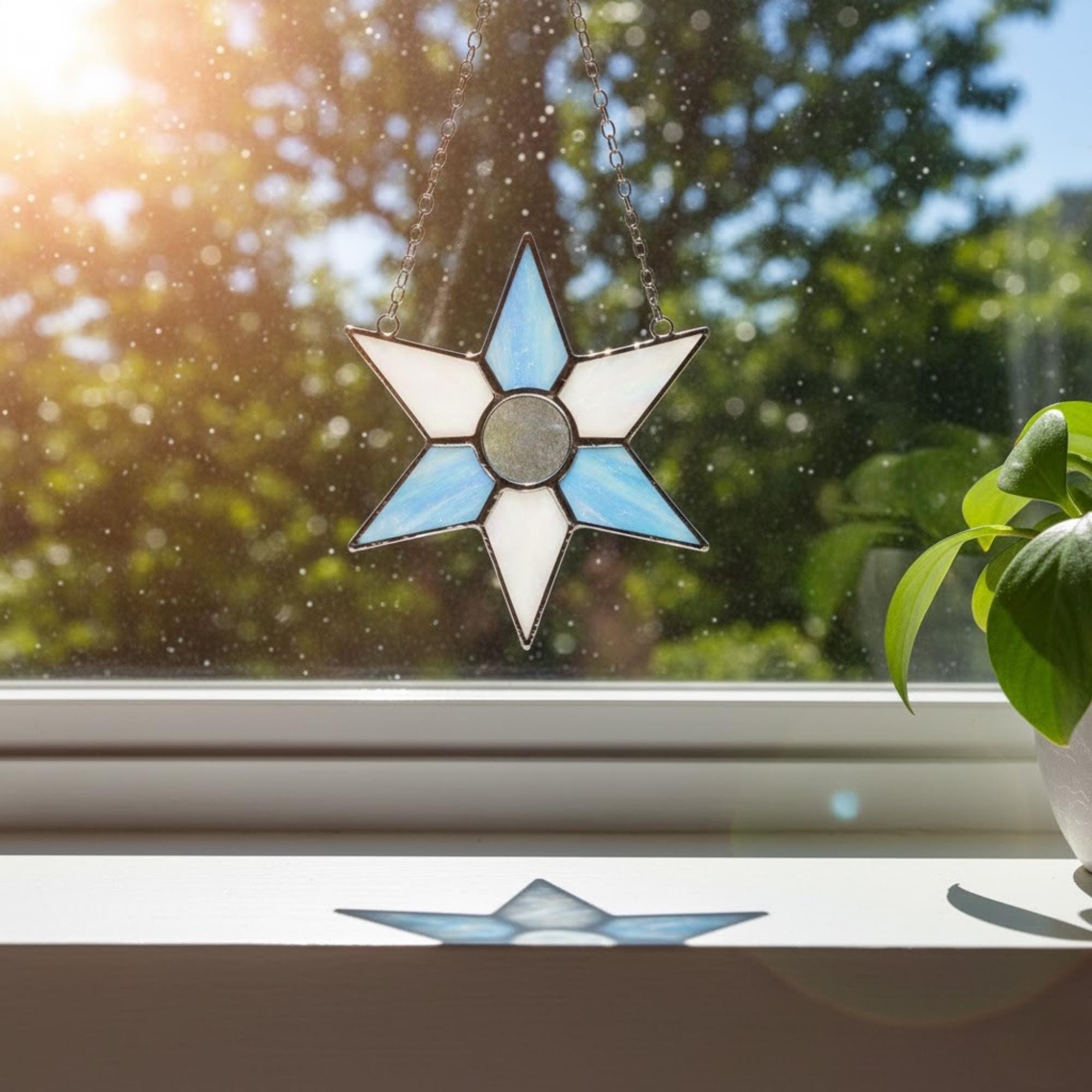 Close-up stained glass snowflake ornament with geometric pattern, winter decor