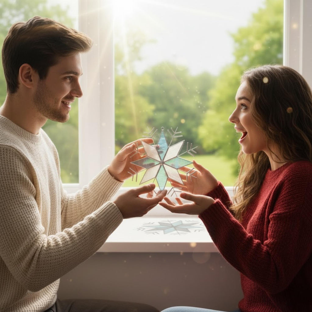 Couple exchanging stained glass snowflake suncatcher as a holiday gift