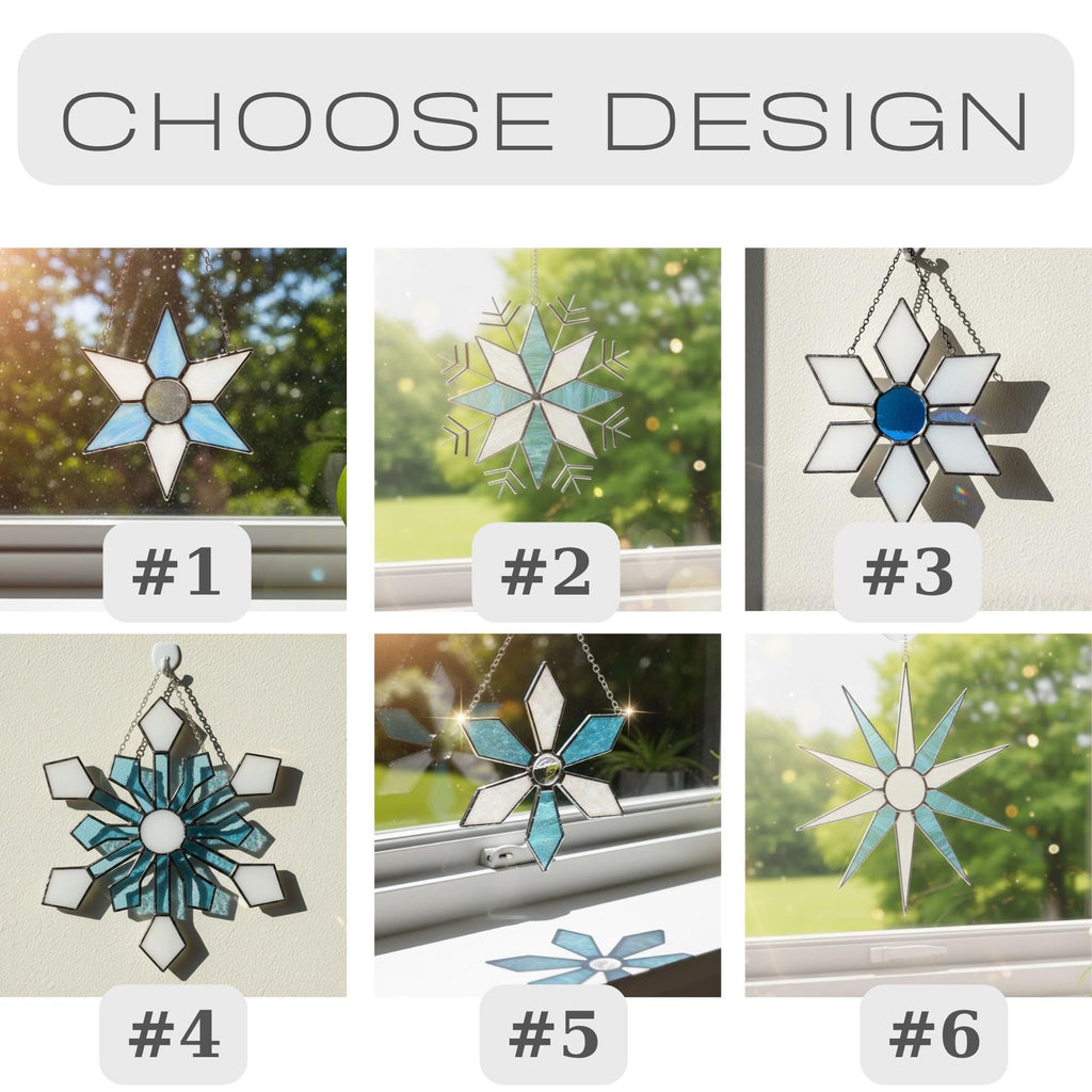 Choose design collage showing six stained glass snowflake suncatcher options