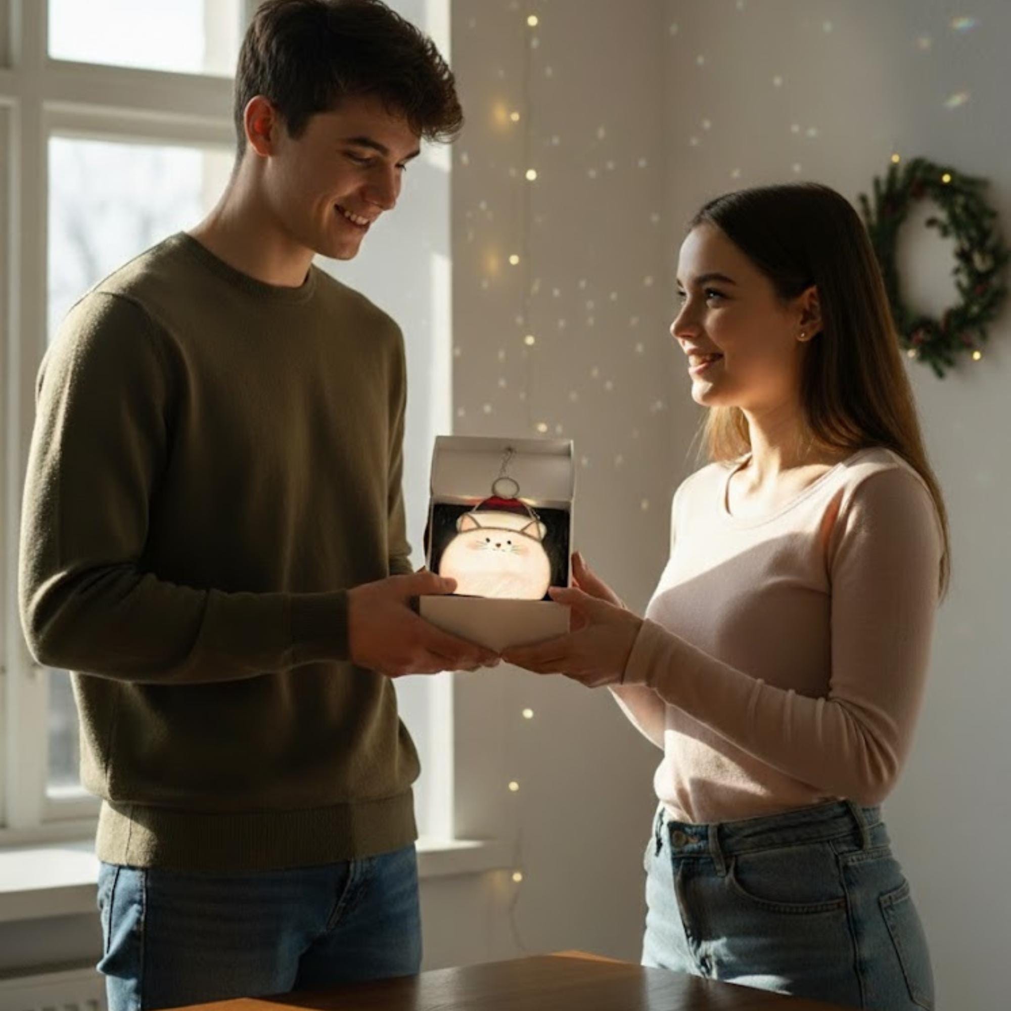 Boy and girl exchanging stained glass cat ornament gift – Christmas present for pet owners.