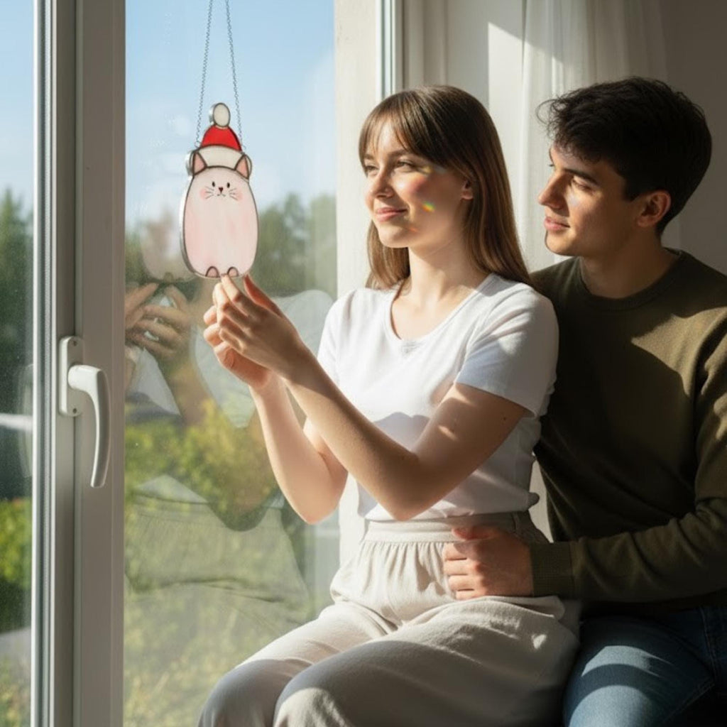 Couple packaging handmade glass cat ornament together – perfect holiday gift for cat lovers.