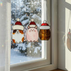 Trio of stained glass cat decorations on tree branch – handmade Christmas gift for her.