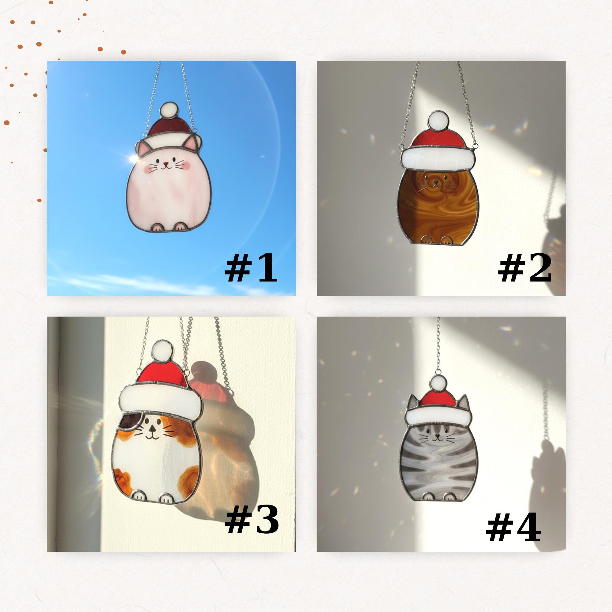 Product photo showing all 4 cat ornament color designs – handmade stained glass collection.