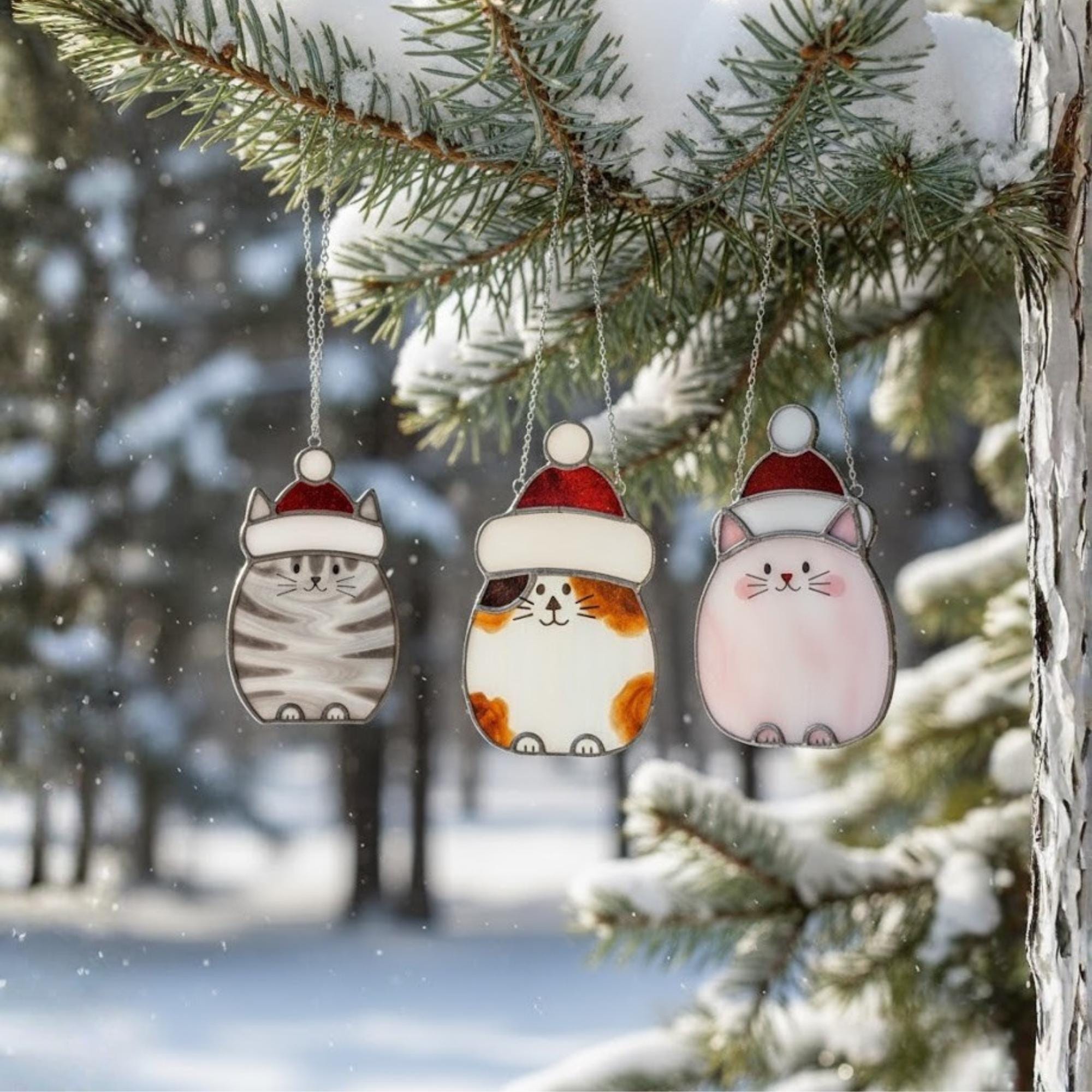 Handmade stained glass cat ornaments hanging on snowy pine branch – cozy Christmas window decor gift.