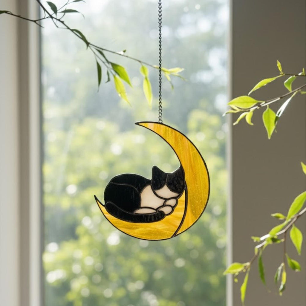 Cat Stained Glass Suncatcher – Crescent Moon Cat Ornament, Handmade Window Hanging, Cat Lover Gift, Memorial Optional