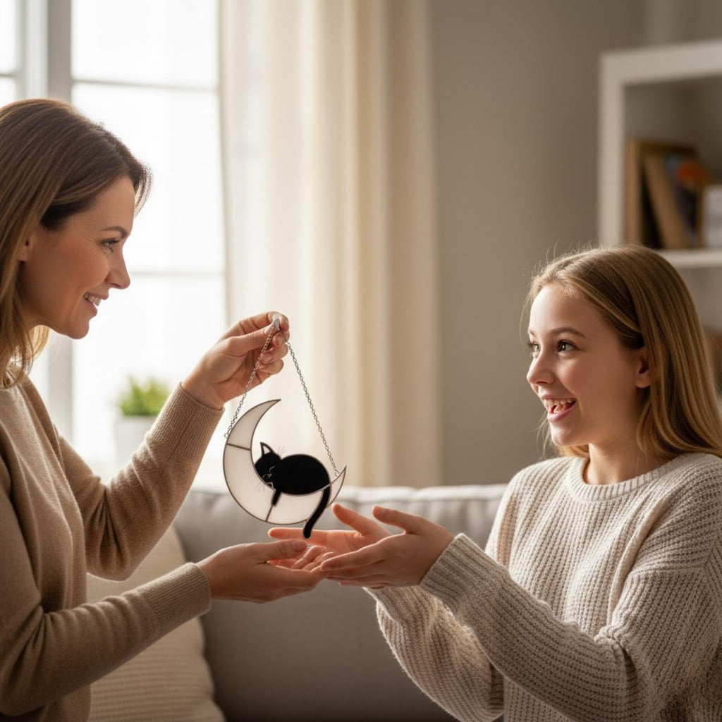 Woman hanging stained glass cat on the moon suncatcher on bright window