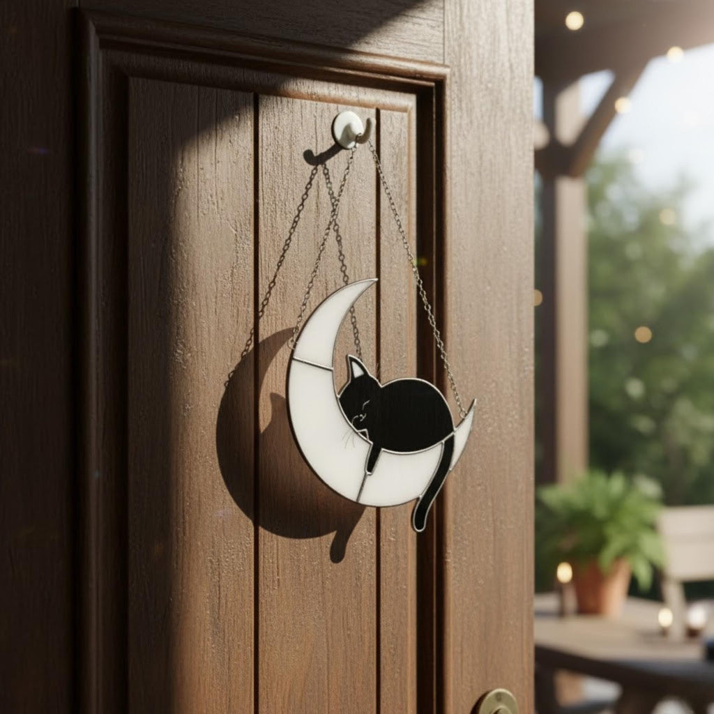 Close-up stained glass cat on moon catching sunlight, handmade glass art