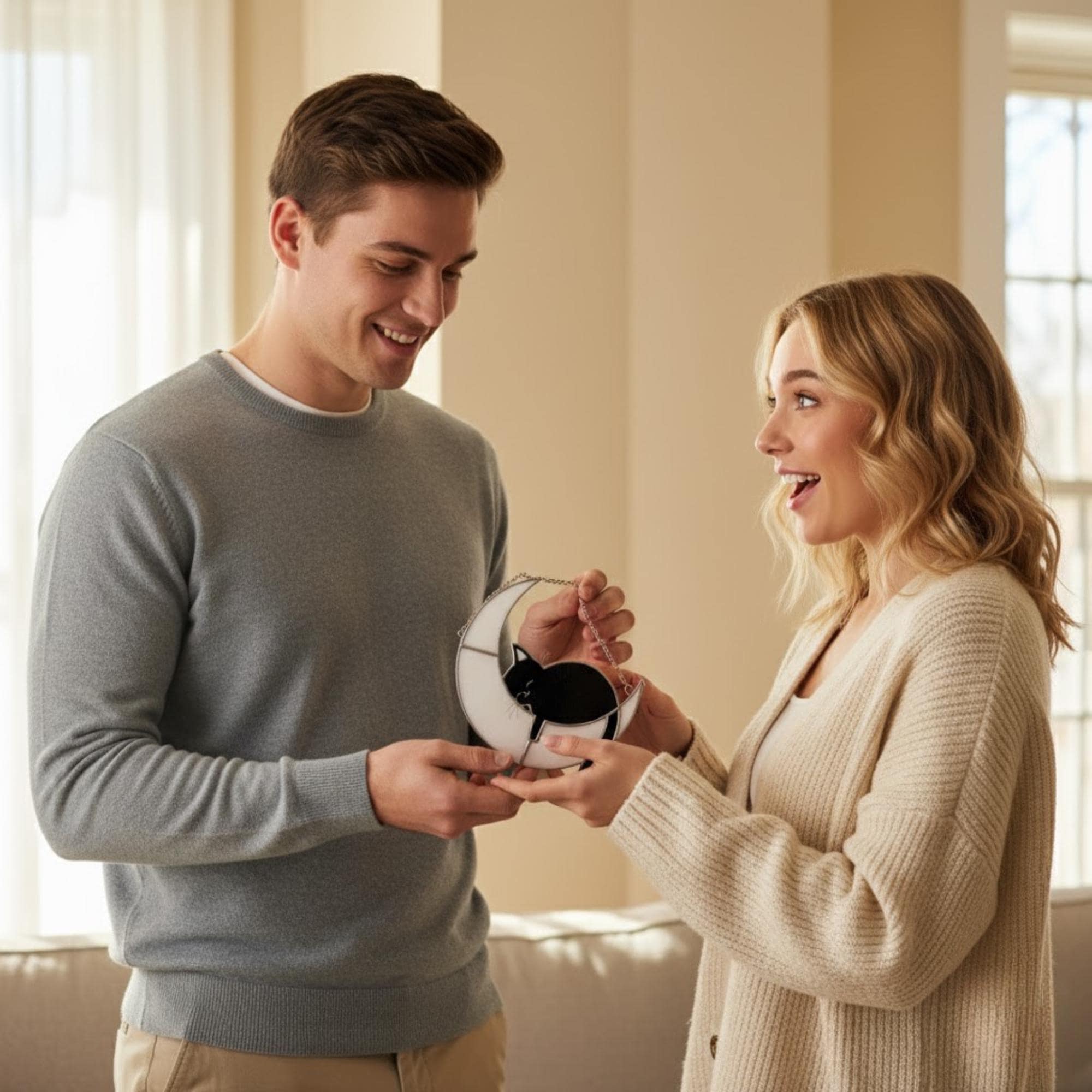 Couple gifting stained glass moon cat suncatcher, meaningful cat lover present