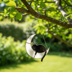 Stained glass cat on the moon displayed on wall hook, minimalist home decor