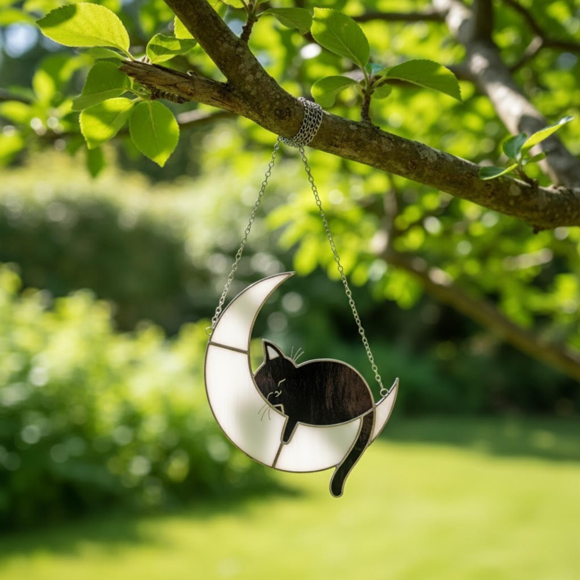 Stained glass cat on the moon displayed on wall hook, minimalist home decor