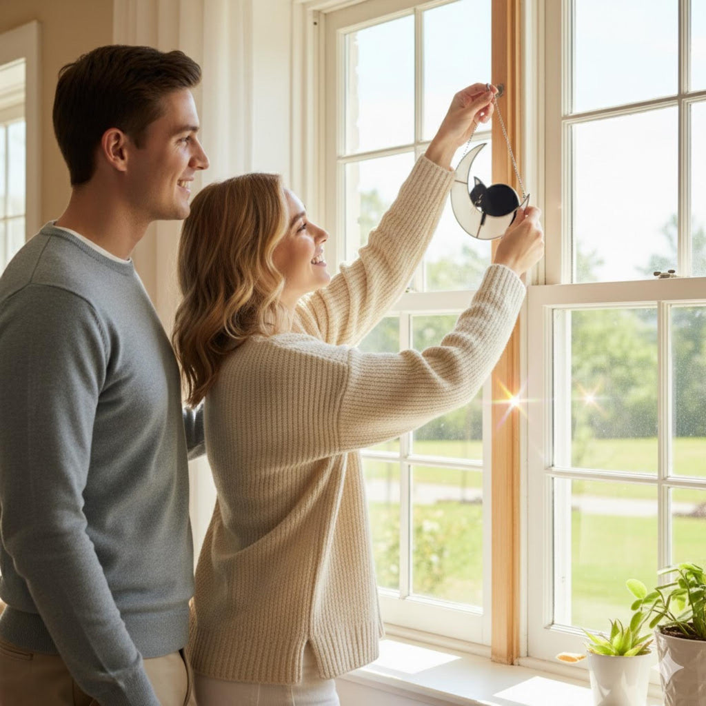 Woman holding stained glass cat moon ornament by window, home decor idea