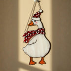Goose in winter sweater stained glass ornament, cozy holiday decor