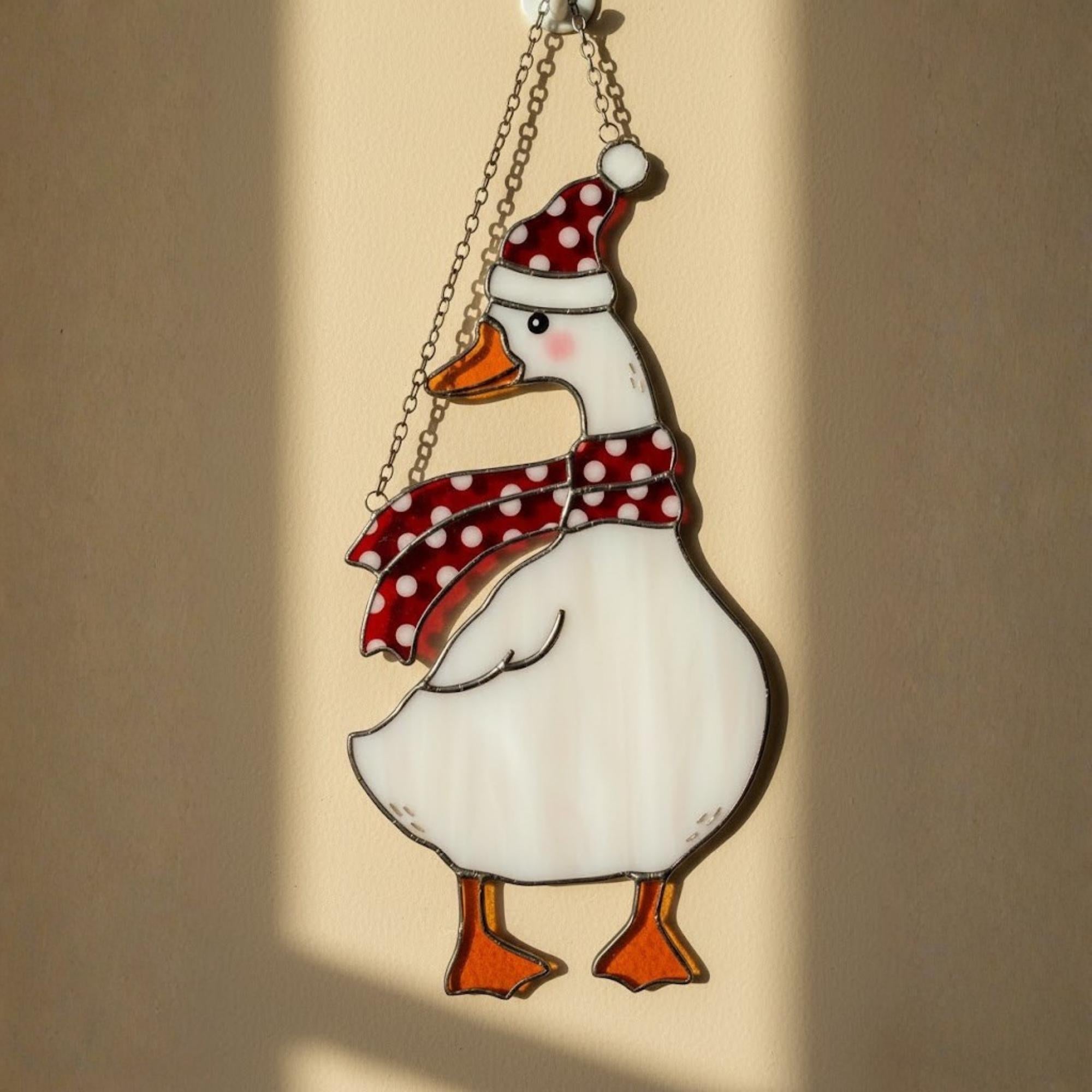 Goose in winter sweater stained glass ornament, cozy holiday decor