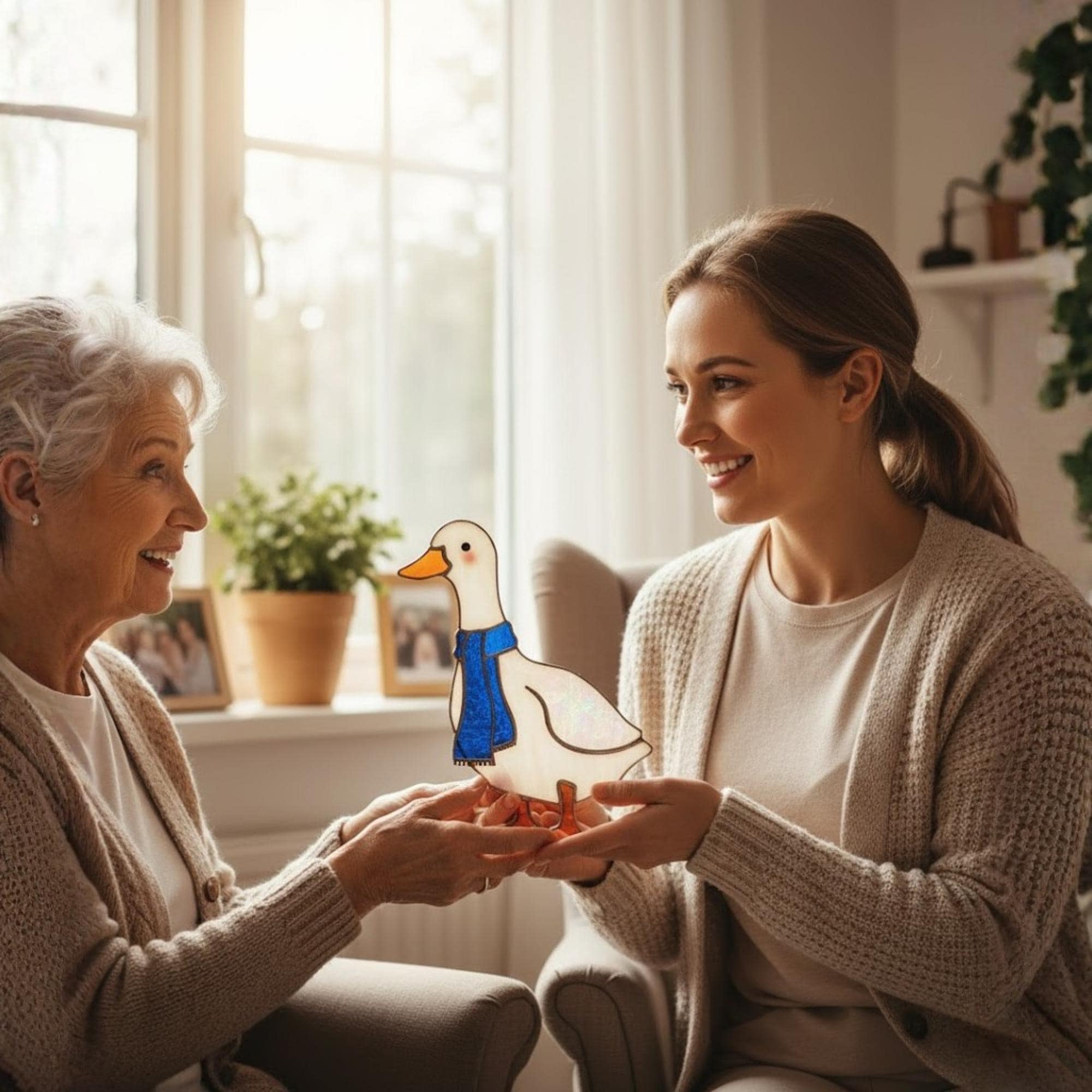 Woman gifting stained glass goose ornament to grandmother, heartfelt bird lover gift