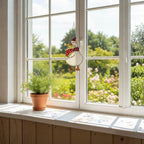 Goose ornament hanging near garden window, stained glass bird art