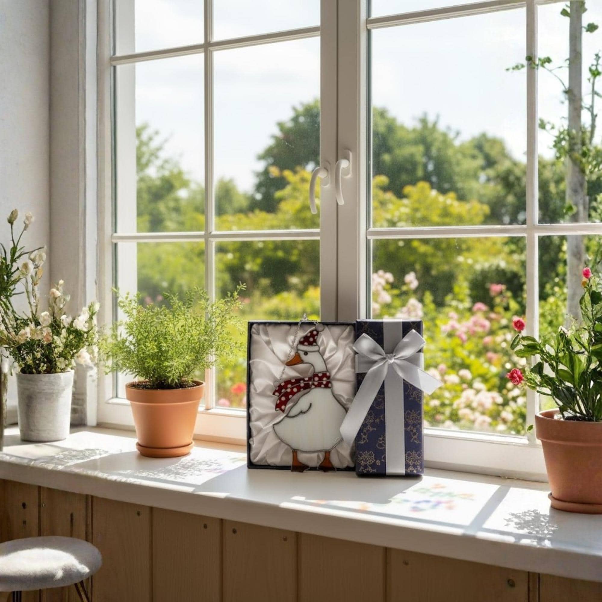 Goose stained glass ornament displayed on sunny windowsill, cottagecore home decor