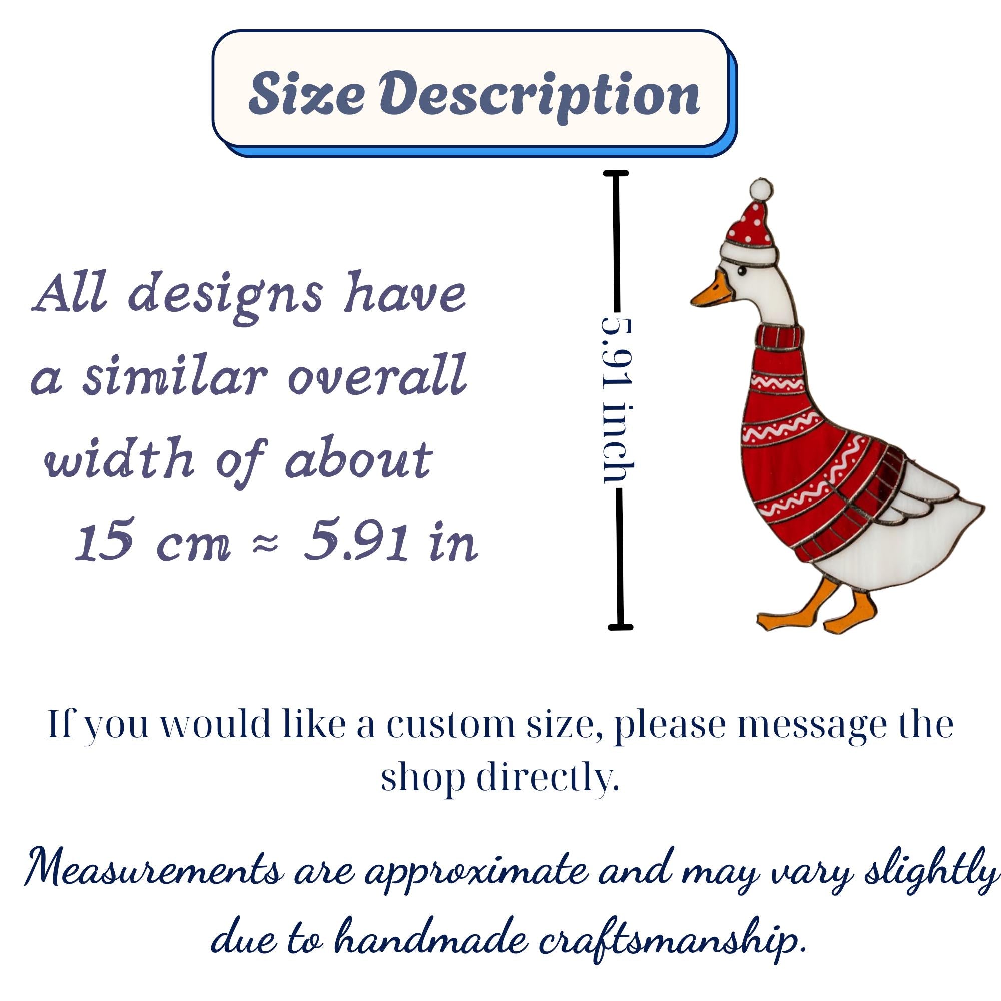 Size guide for stained glass goose ornament, approx 5.91 inch height