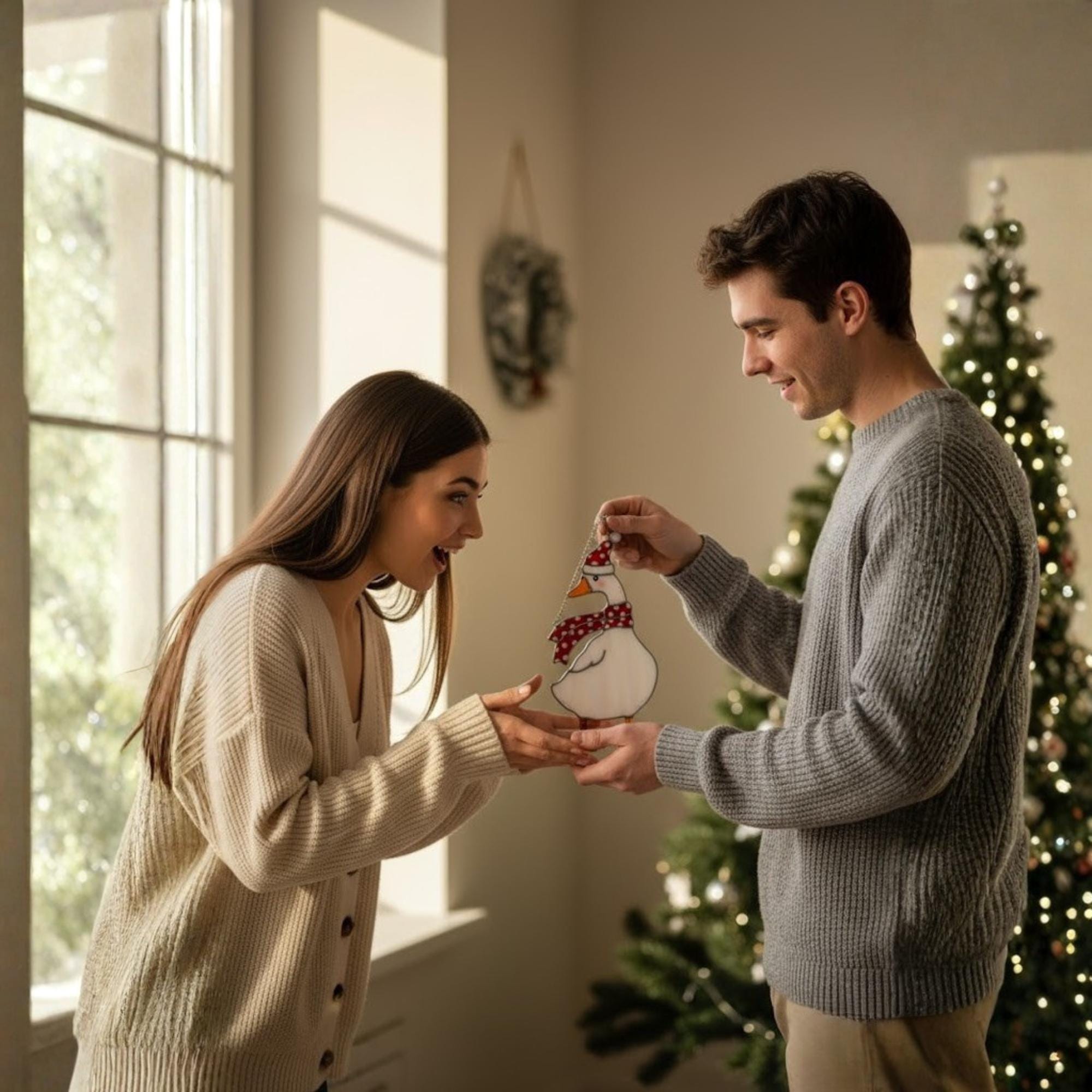 Couple exchanging stained glass goose suncatcher as a handmade gift