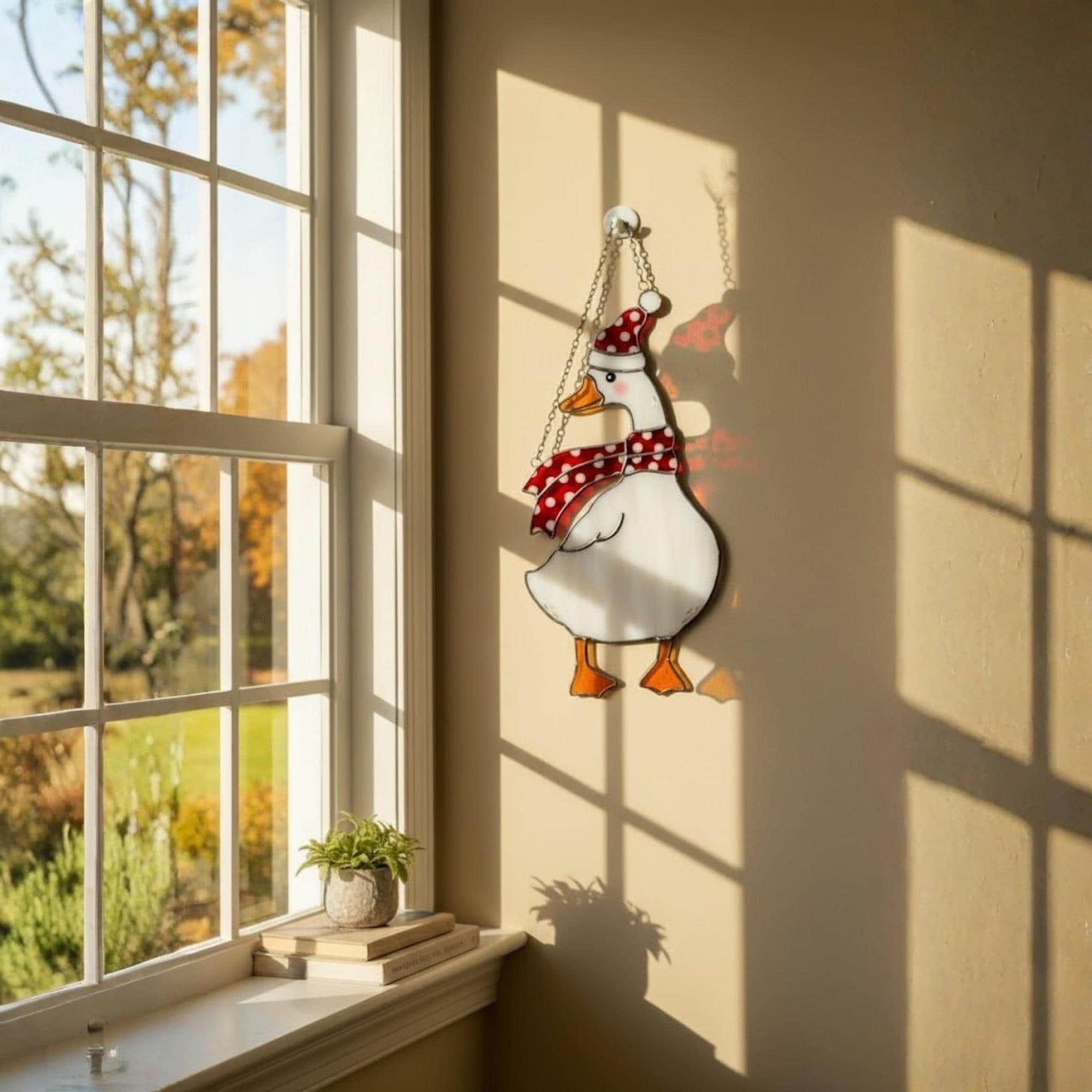 Goose wearing Christmas hat stained glass suncatcher hanging in sunlight