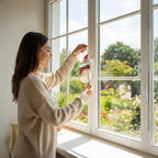 Woman hanging stained glass goose on bright window, cheerful home decor