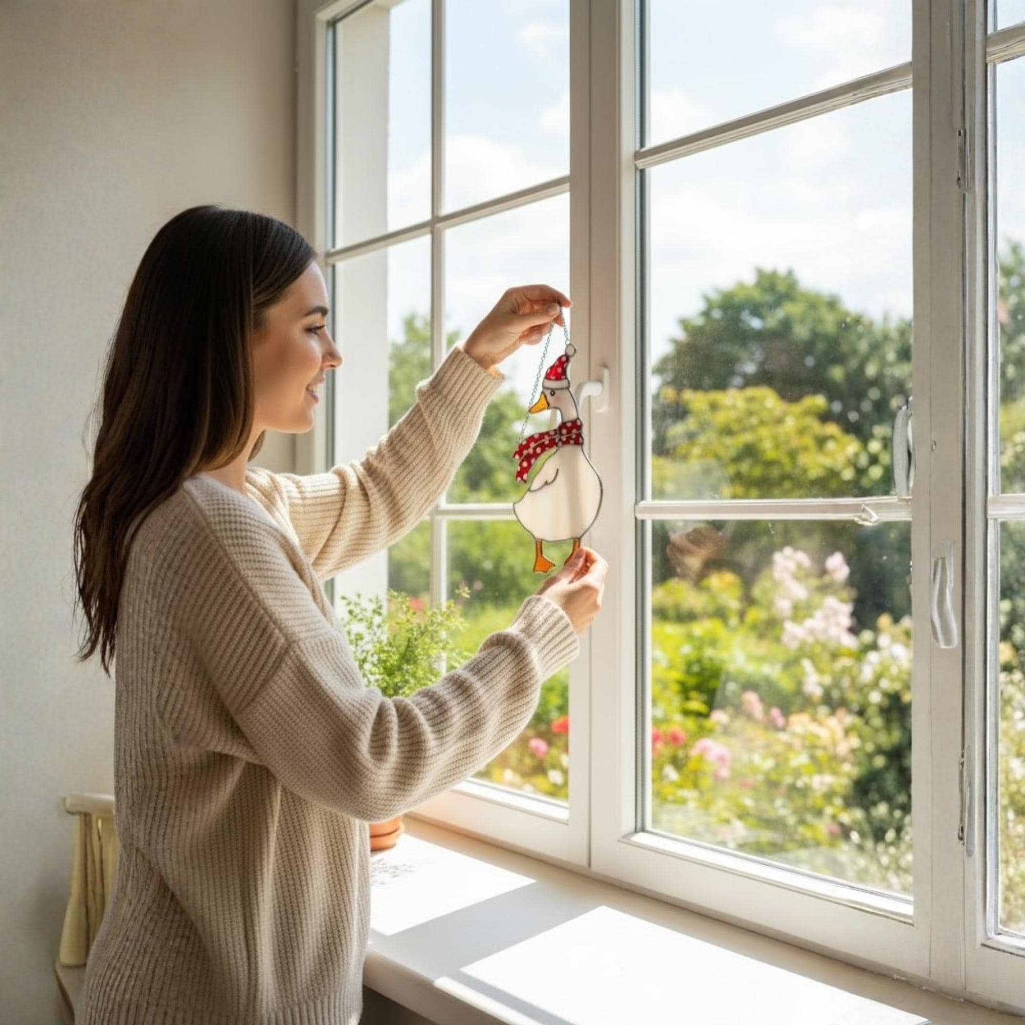 Woman hanging stained glass goose on bright window, cheerful home decor