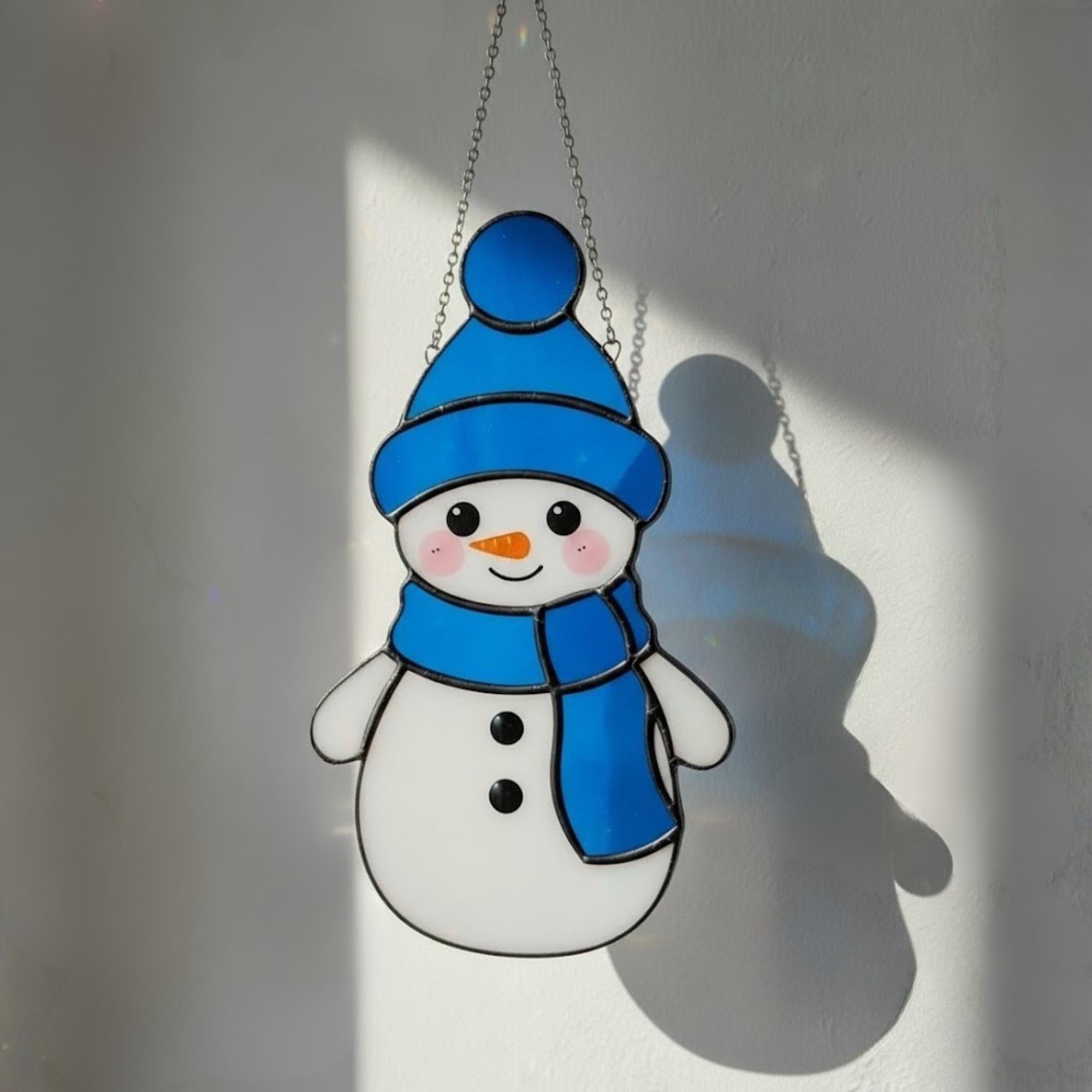 Purple hat stained glass snowman ornament – glowing Christmas suncatcher decor.