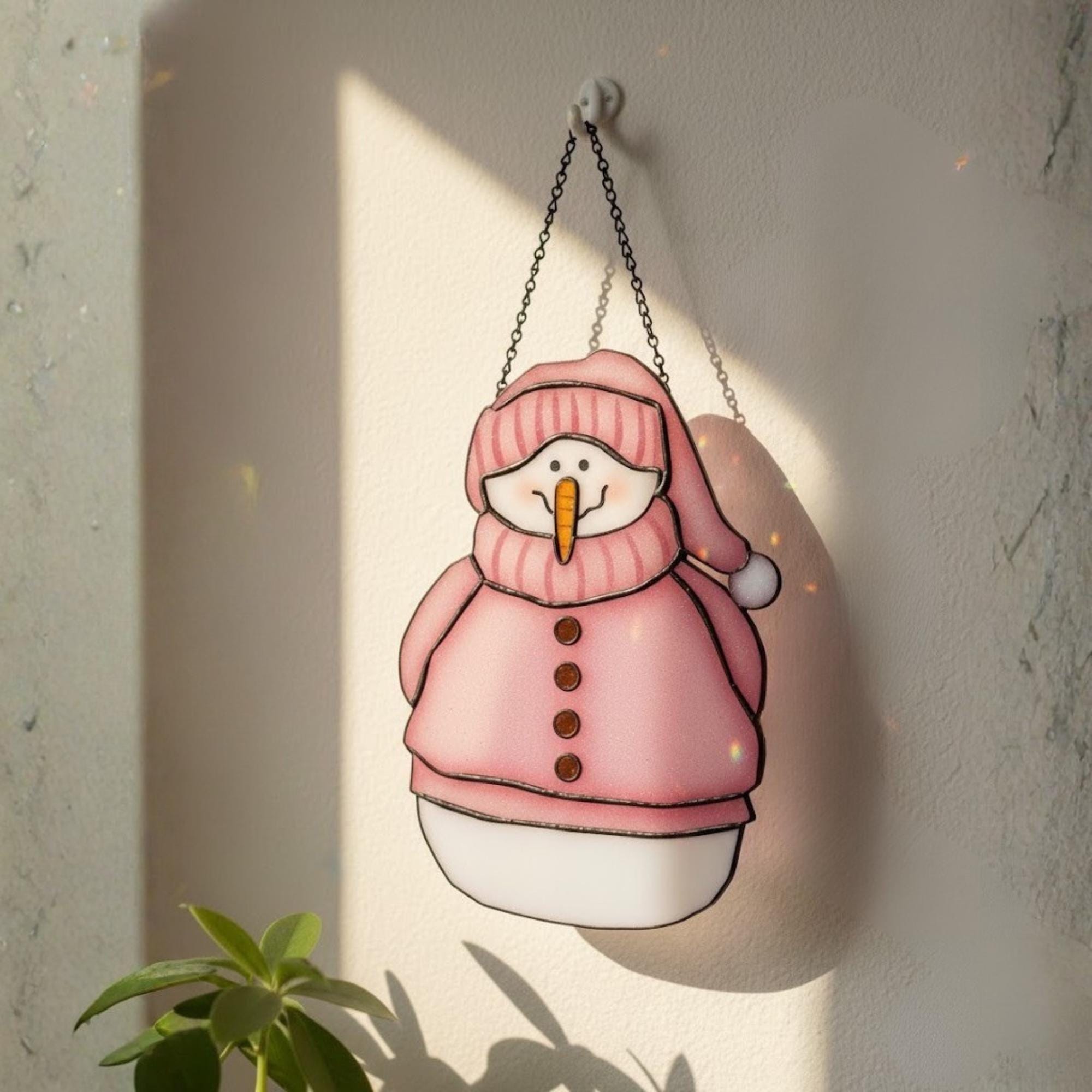 White snowman ornament with brown hat and scarf – handmade glass art winter decoration.