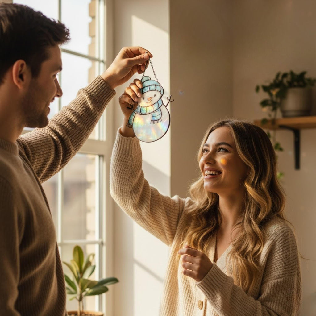 Stained glass snowman suncatcher displayed with warm indoor light – handmade holiday decoration.