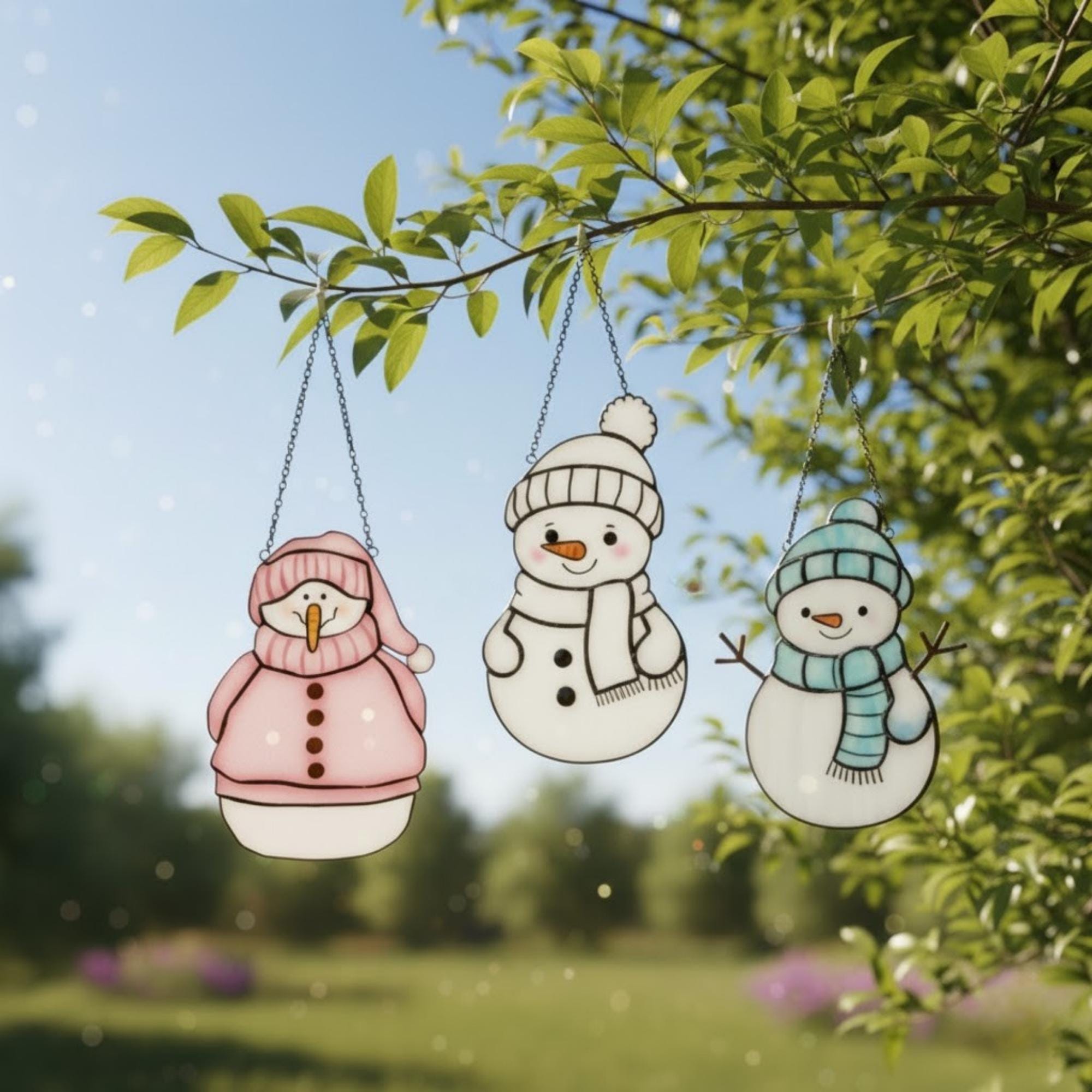 Handmade stained glass snowman ornaments hanging on window with sunlight – Christmas window decor gift idea.