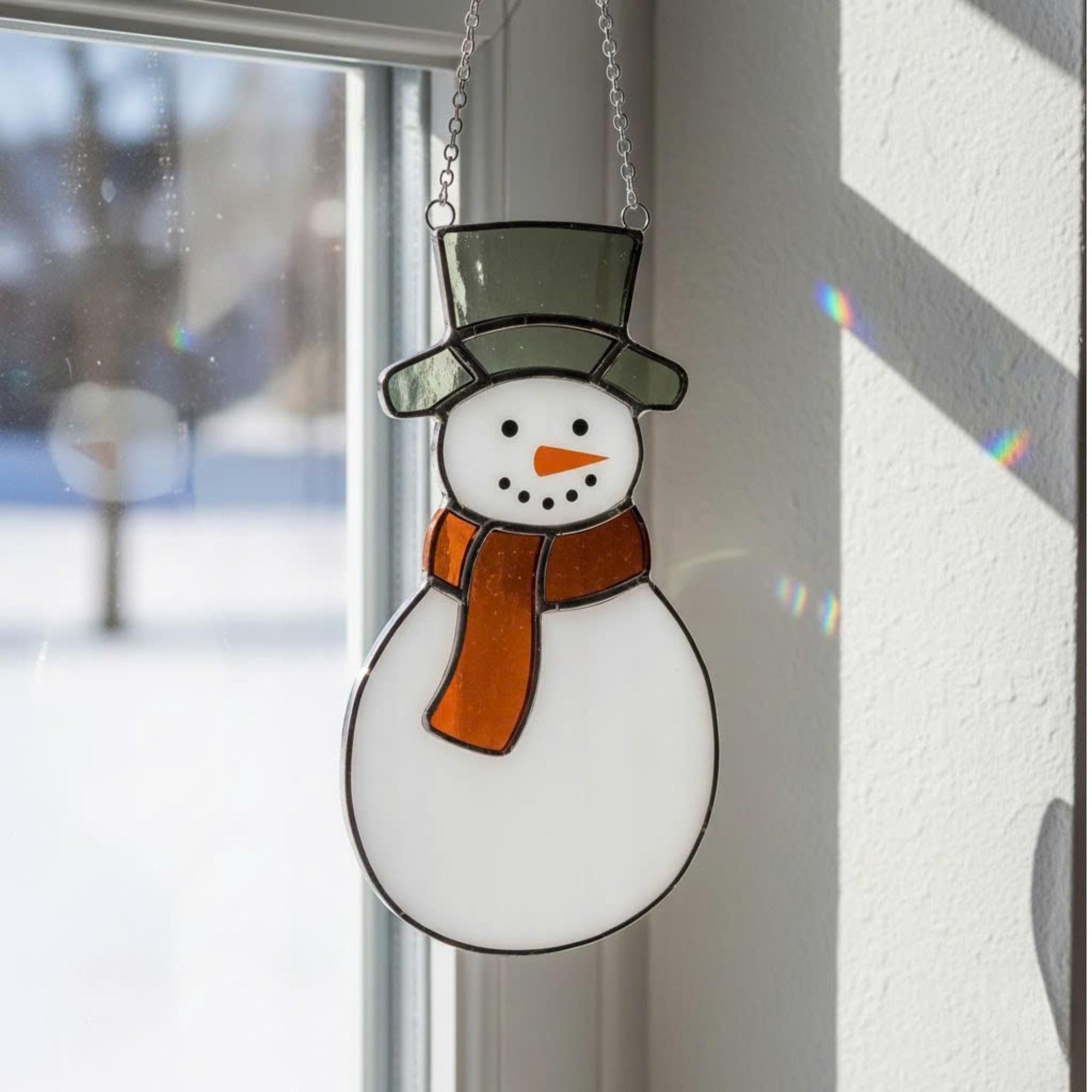 Christmas stained glass snowman ornament design guide – handmade suncatcher collection display.