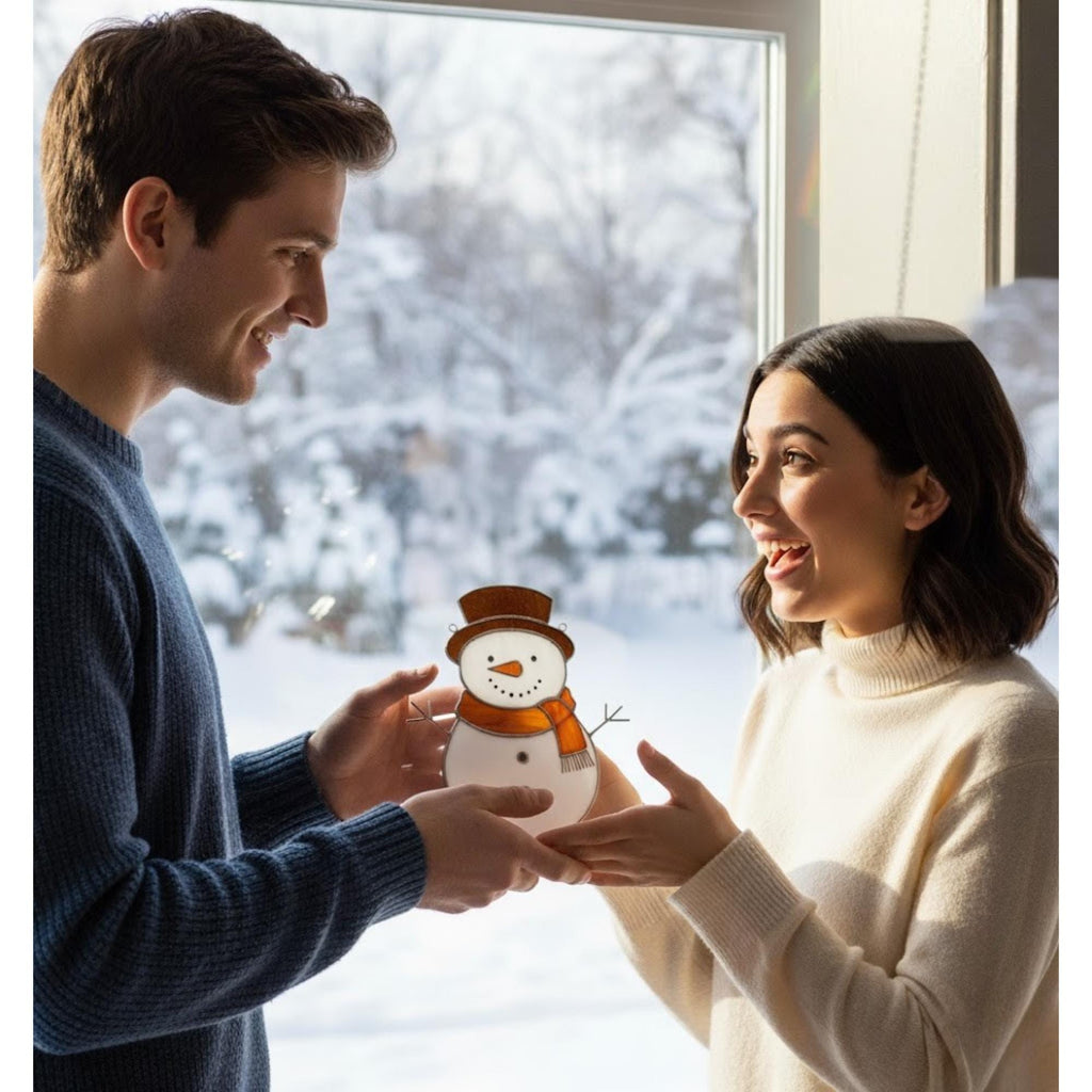 Couple exchanging handmade stained glass snowman gift – perfect winter decor for home or office.