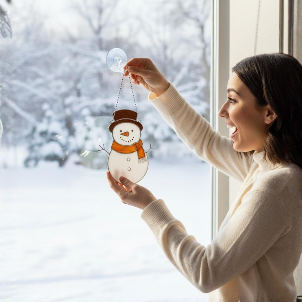 Woman smiling holding stained glass snowman suncatcher – Christmas gift for her handmade decor.