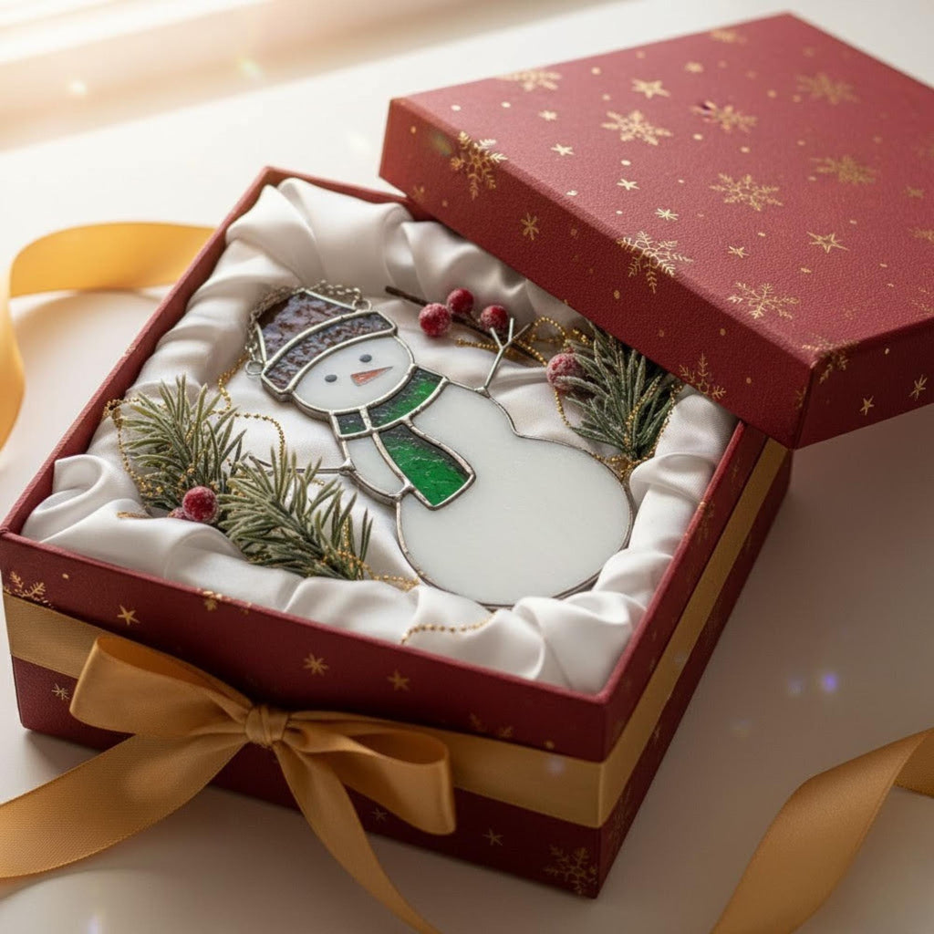 Stained glass snowman ornament in gift box with ribbon – unique handmade Christmas present idea.