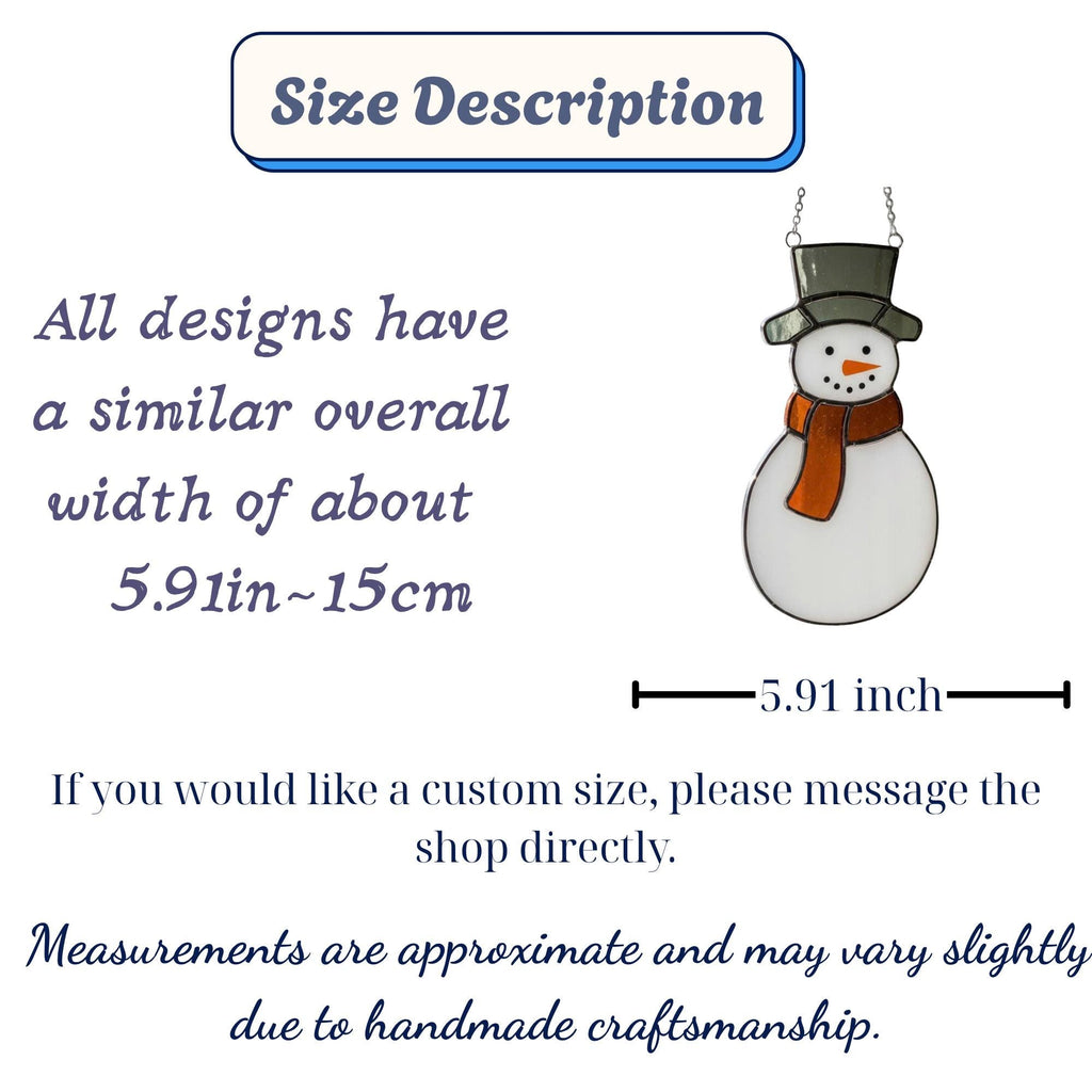 Size chart showing dimensions of snowman stained glass ornament – product detail description image.