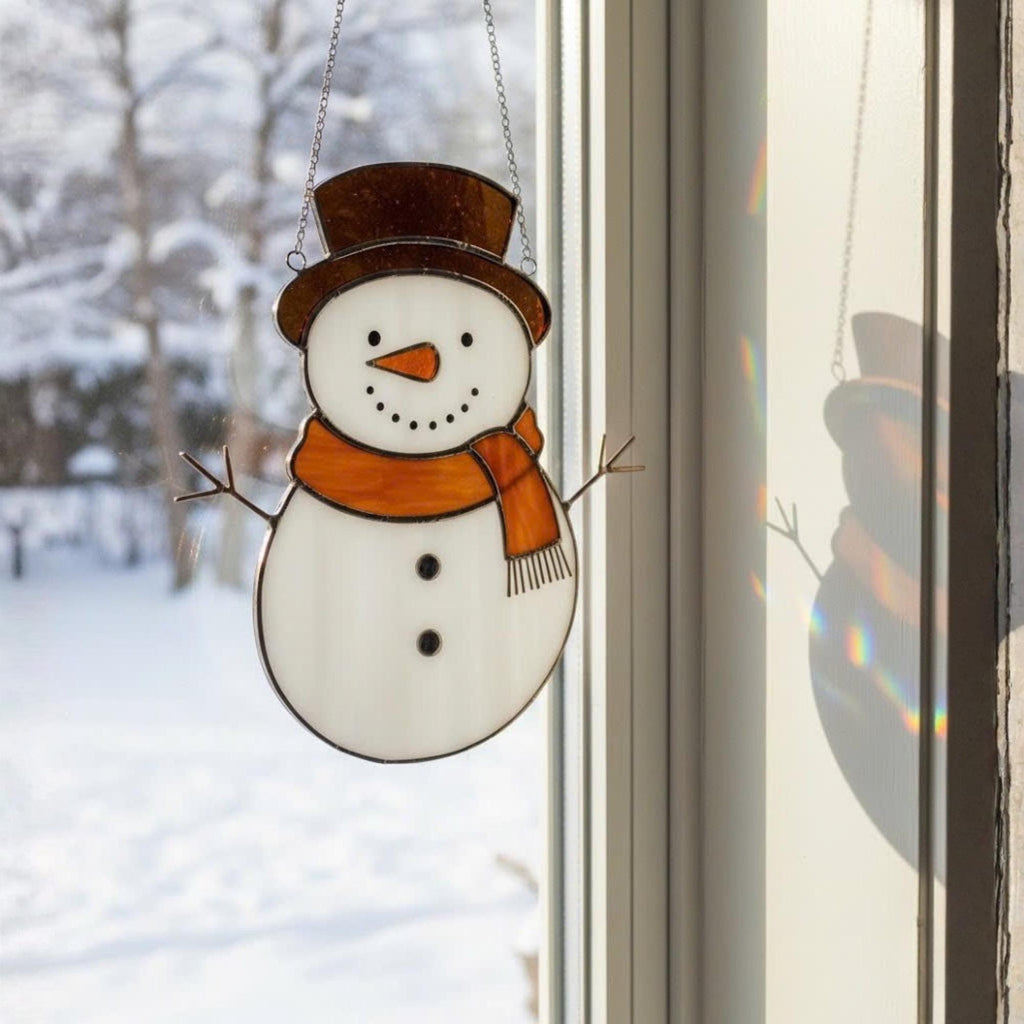 Green hat snowman suncatcher with smiling face – unique stained glass Christmas ornament.