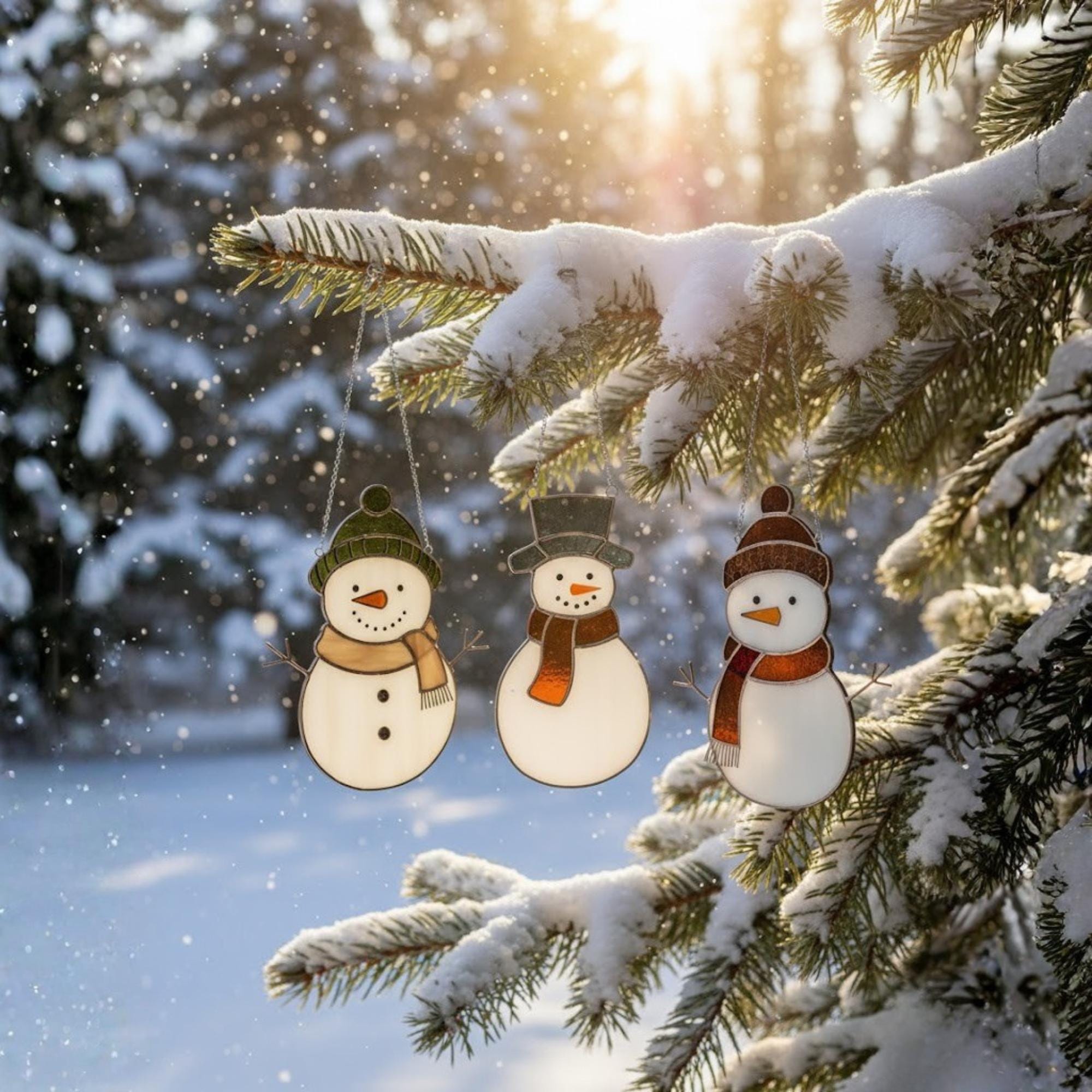 Hands holding snowman stained glass art under sunlight – unique handmade Christmas decoration.