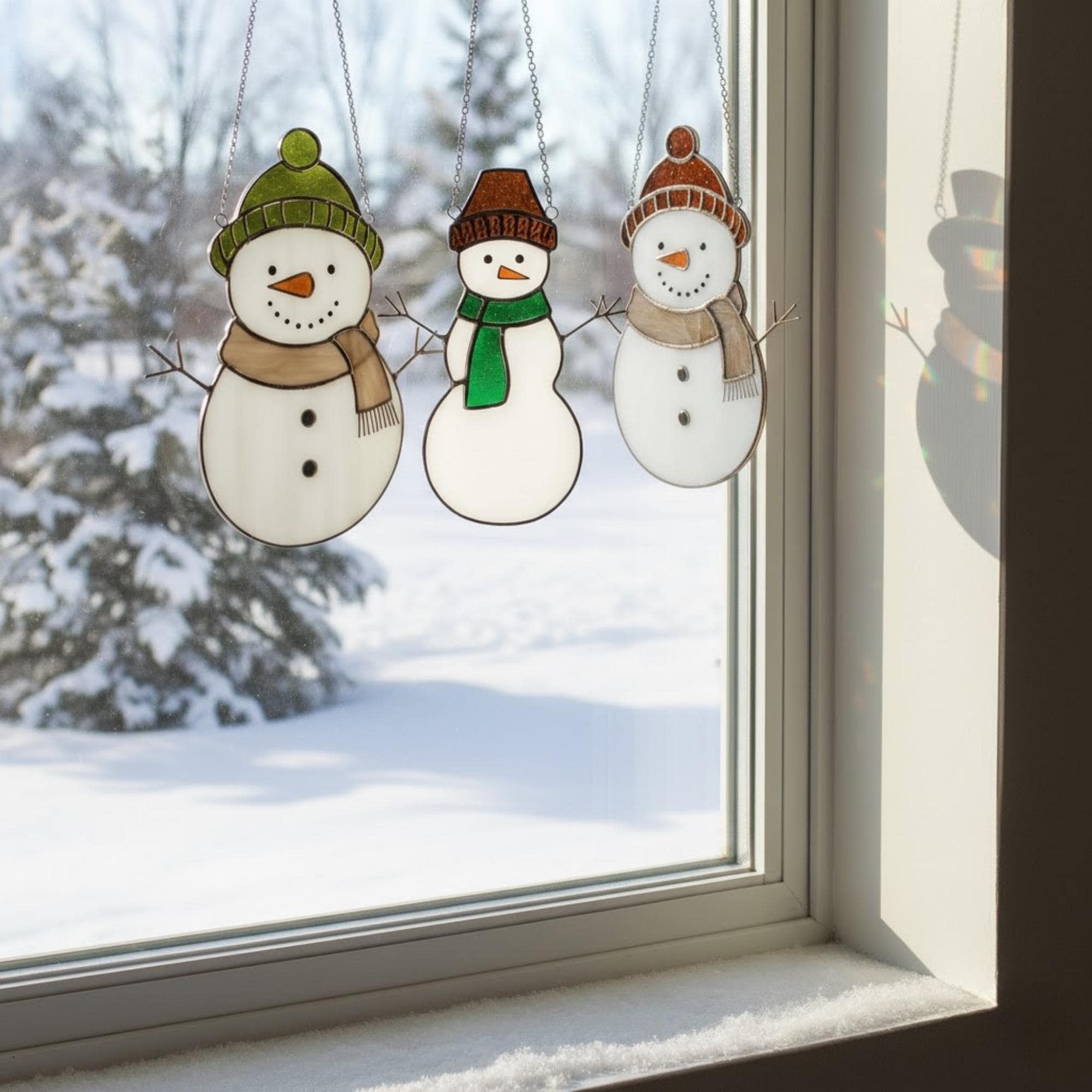Snowman stained glass ornament with green scarf – handmade holiday decoration gift idea.