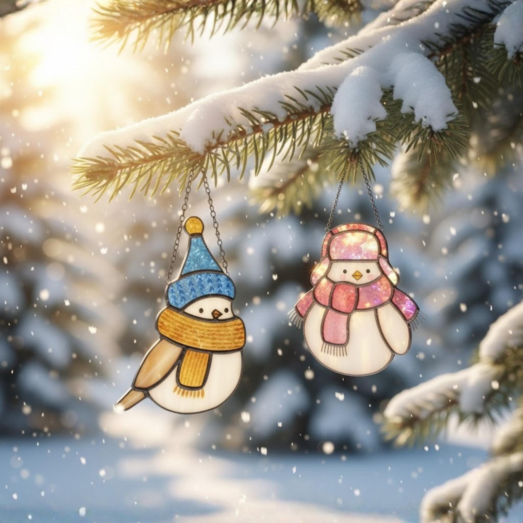 Handmade stained glass bird ornaments hanging on a snowy pine branch – winter Christmas window decor.