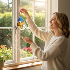 Woman hanging bird suncatcher near window – handmade stained glass holiday decoration.