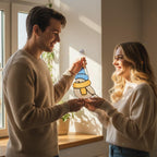 Couple exchanging handmade stained glass bird ornament – perfect Christmas or anniversary gift.
