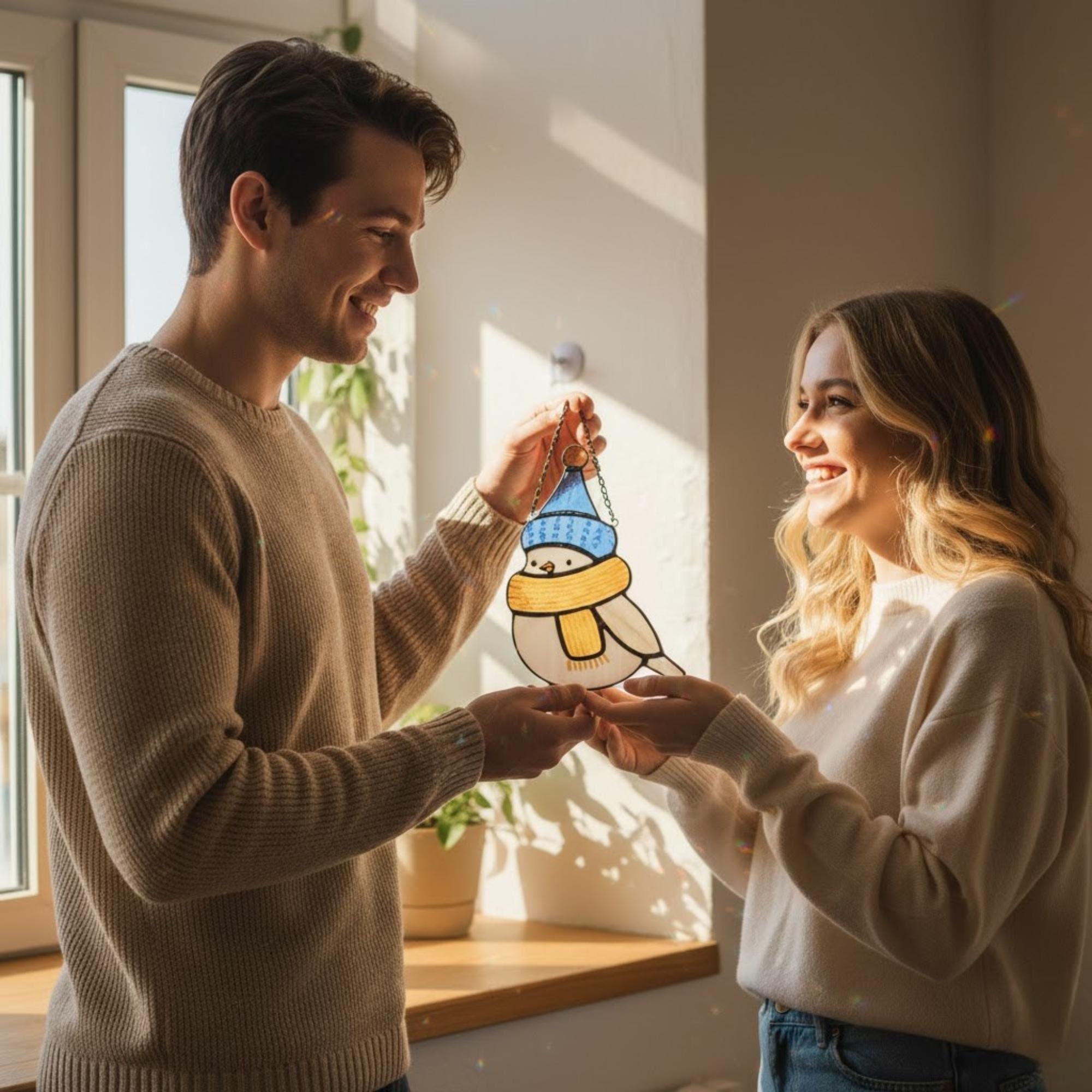 Couple exchanging handmade stained glass bird ornament – perfect Christmas or anniversary gift.
