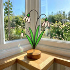 Snowdrop Stained Glass Flower, January Birth Flower Gift for Mom, 3D Floral Table Decor, Grandma Birthday Present, Wood Stand Art
