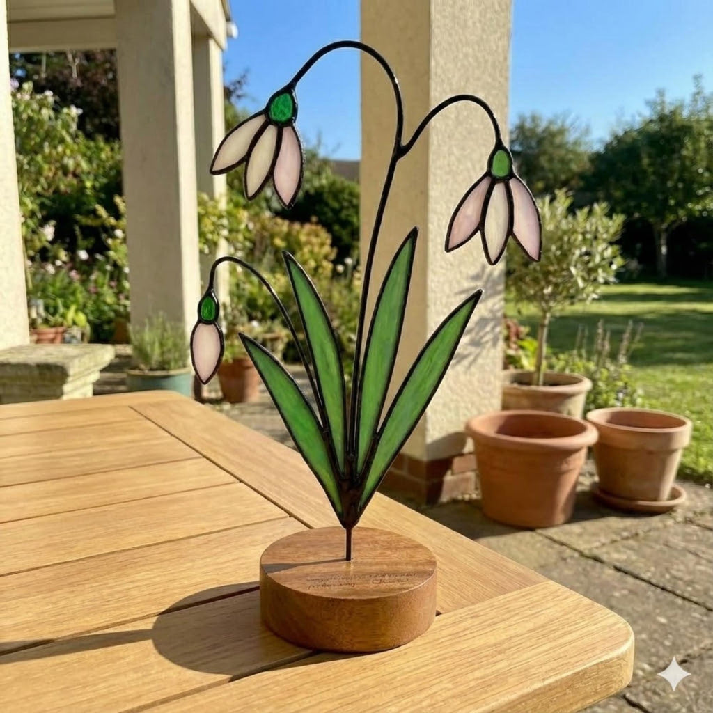 Snowdrop Stained Glass Flower, January Birth Flower Gift for Mom, 3D Floral Table Decor, Grandma Birthday Present, Wood Stand Art