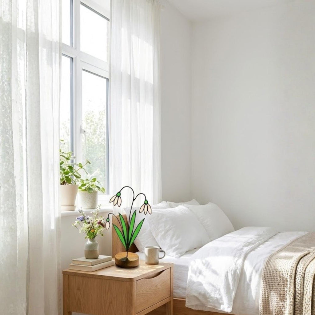 Snowdrop Stained Glass Flower, January Birth Flower Gift for Mom, 3D Floral Table Decor, Grandma Birthday Present, Wood Stand Art